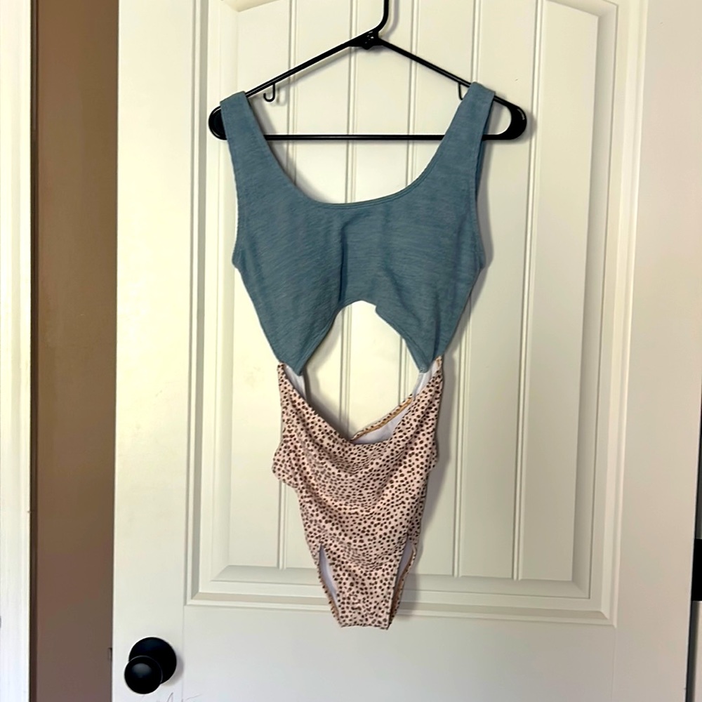 One piece blue/ tan with brown dots